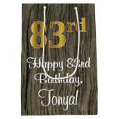 83番目の誕生日エレガント:フェイク金ゴールドルック数、フェイク木材 ミディアムペーパーバッグ (裏面)