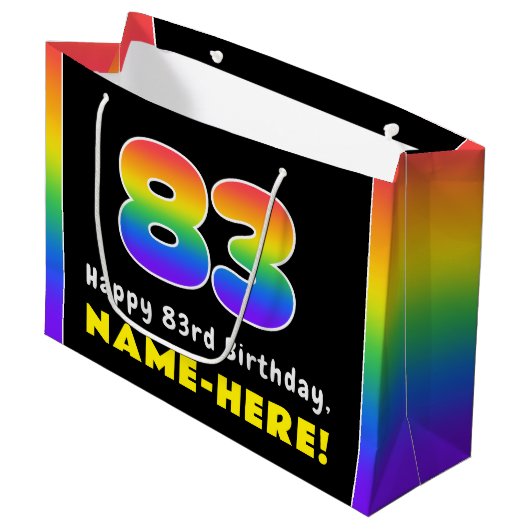 83番目の誕生日カラフル: Rainbow # 83,名前をカスタムする ラージペーパーバッグ (正面アングル)