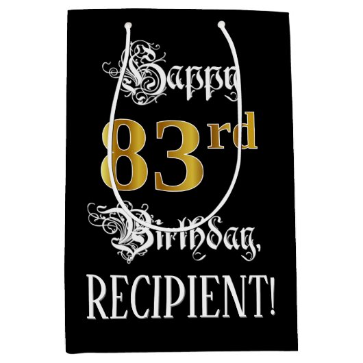 83番目の誕生日ファンシー~スクリプトフェイク;金ゴールド検索;名前 ミディアムペーパーバッグ (正面)