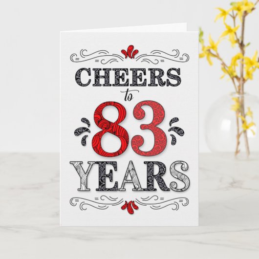 83番目の誕生日応援の赤い白の黒いパターン カード (黄色い花)