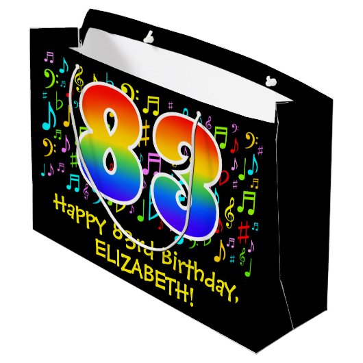 83誕生日カラフル – 楽譜記号， Rainbow 83 ラージペーパーバッグ (裏面アングル)