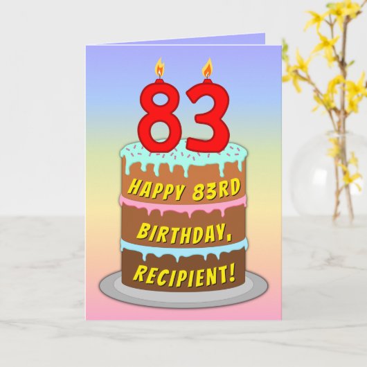 83誕生日—おもしろいケーキとキャンドル、名前をカスタムする付き カード (黄色い花)