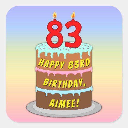 83誕生日:おもしろいケーキとキャンドル+名前をカスタムする スクエアシール (正面)