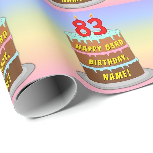83誕生日:おもしろいケーキとキャンドル+名前をカスタムする ラッピングペーパー (ロールコーナー)