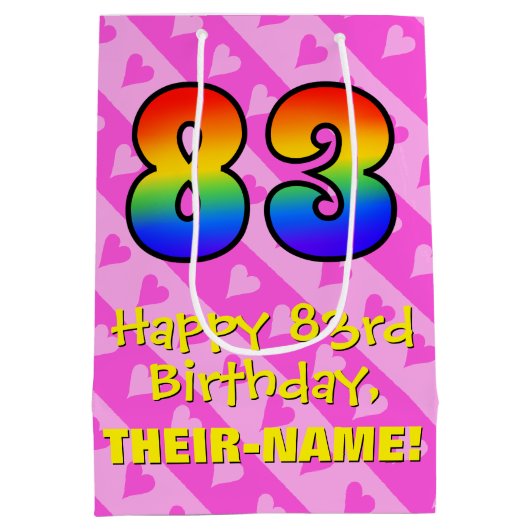 83誕生日:おもしろいピンクハートストライプ、レインボー83 ミディアムペーパーバッグ (裏面)