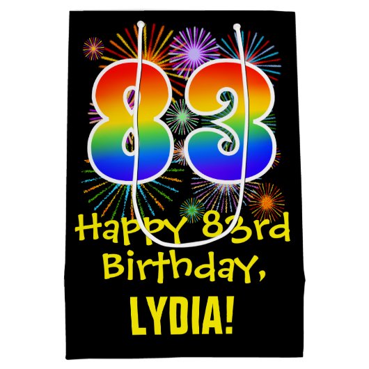 83誕生日:おもしろい花火パターン+虹83 ミディアムペーパーバッグ (裏面)