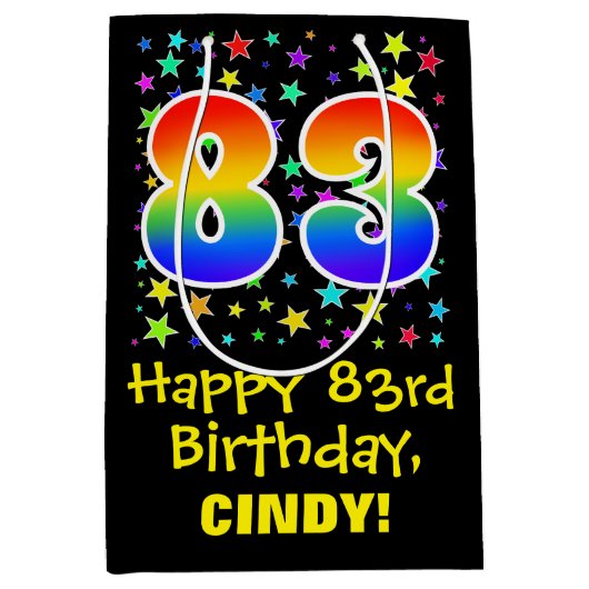 83誕生日:カラフルスターズパターン&レインボー83 ミディアムペーパーバッグ (正面)