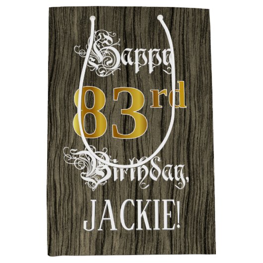 83誕生日:フェイク金ゴールドルック&ウッドフェイクパターン ミディアムペーパーバッグ (正面)