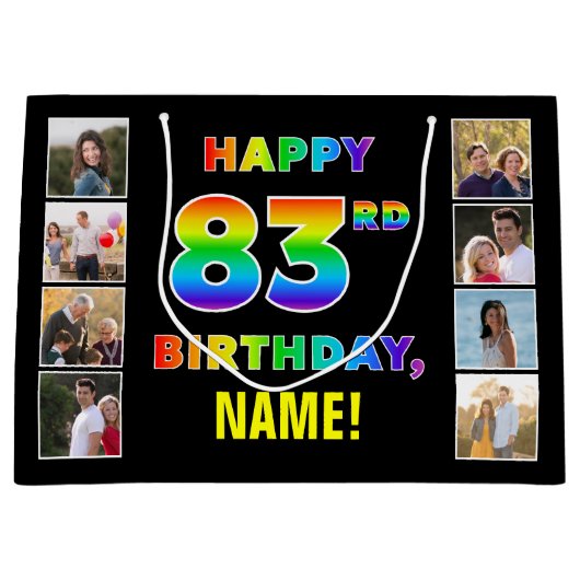 83誕生日:レインボー文字カスタム、写真&名前 ラージペーパーバッグ (正面)
