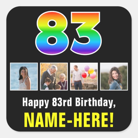 83誕生日: Rainbow "83"；写真カスタムと名前 スクエアシール (正面)