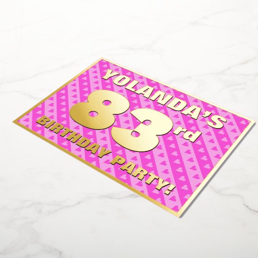 83rd Birthday Party —おもしろいピンクハートとストライプ 箔招待状 (回転した状態)