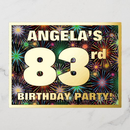 83rd Birthday Party: Bold, Colorful Fireworks Look 箔招待状ポストカード (正面)