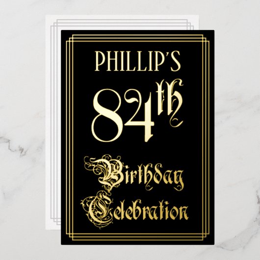 84歳の誕生日パーティー - ファンシーな筆記体とカスタムネーム 箔招待状 (正面/裏面)