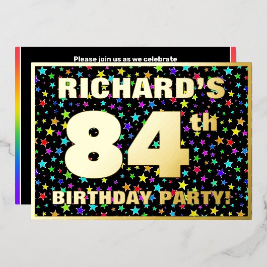 84歳の誕生日パーティー - 面白くてカラフルな星柄 箔招待状 (正面/裏面)
