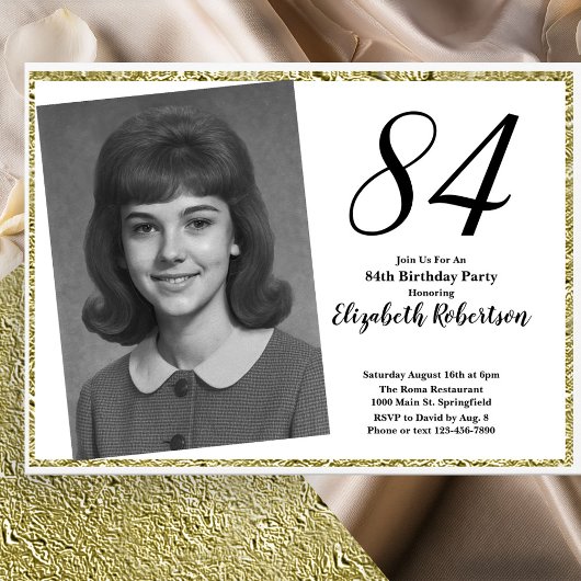 84歳の誕生日 カスタムフォト 白とゴールド 招待状