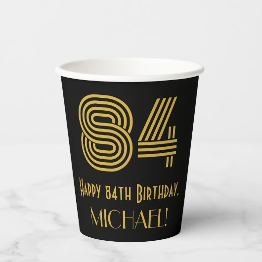 84番目の誕生日:インスパイアアールデコ「84」と名前 紙コップ (正面)
