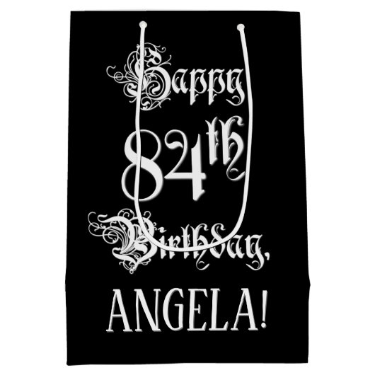 84番目の誕生日: ファンシー、スクリプエレガントト+名前をカスタムする ミディアムペーパーバッグ (裏面)