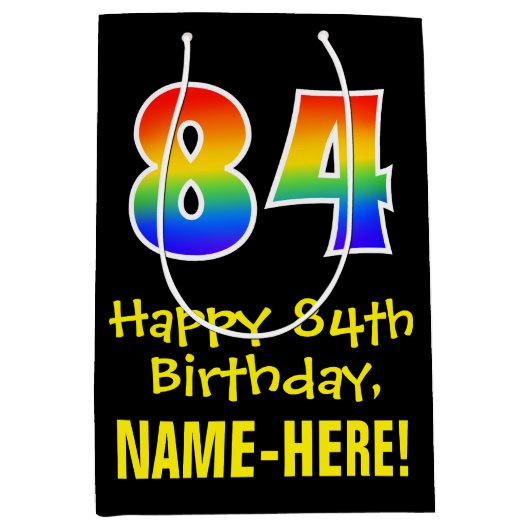 84誕生日:おもしろいはっきりした、カラフルレインボー「84」 ミディアムペーパーバッグ (正面)