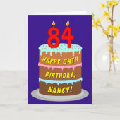 84誕生日:おもしろいケーキとキャンドル+名前をカスタムする カード (黄色い花)