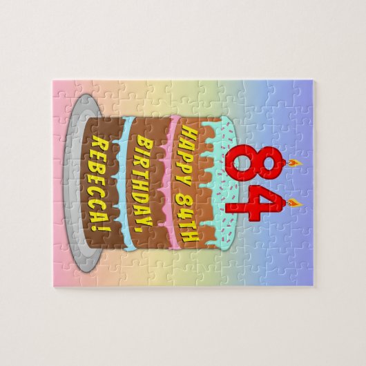 84誕生日:おもしろいケーキとキャンドル+名前をカスタムする ジグソーパズル (横)