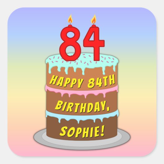 84誕生日:おもしろいケーキとキャンドル+名前をカスタムする スクエアシール (正面)