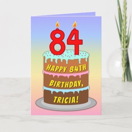 84誕生日—おもしろいケーキ&キャンドル、名前をカスタムする付き カード (正面)