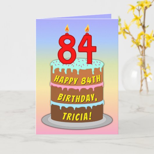 84誕生日—おもしろいケーキ&キャンドル、名前をカスタムする付き カード (黄色い花)