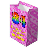 84誕生日:おもしろいピンクのハートストライプ; Rainbow 84 ミディアムペーパーバッグ (正面アングル)