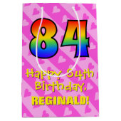 84誕生日:おもしろいピンクのハートストライプ; Rainbow 84 ミディアムペーパーバッグ (正面)