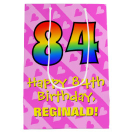 84誕生日:おもしろいピンクのハートストライプ; Rainbow 84 ミディアムペーパーバッグ