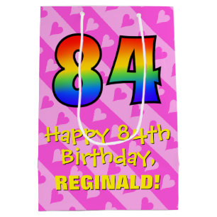84誕生日:おもしろいピンクのハートストライプ; Rainbow 84 ミディアムペーパーバッグ