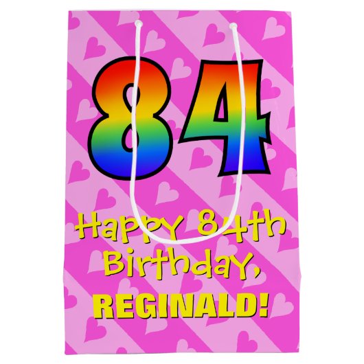 84誕生日:おもしろいピンクのハートストライプ; Rainbow 84 ミディアムペーパーバッグ (裏面)