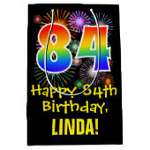 84誕生日:おもしろい花火パターン+虹84 ミディアムペーパーバッグ (正面)