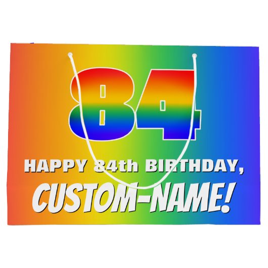 84誕生日: カラフル、おもしろいレインボーパターン# 84 ラージペーパーバッグ (裏面)