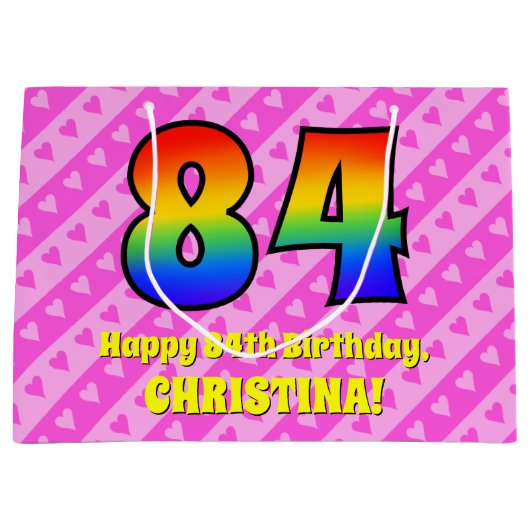 84誕生日:ピンクストライプのハート、レインボー# 84 ラージペーパーバッグ (正面)