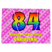 84誕生日:ピンクストライプのハート、レインボー# 84 ラージペーパーバッグ (裏面)