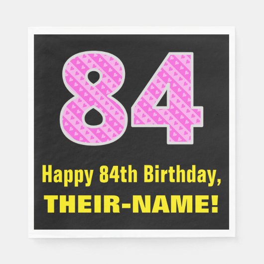 84誕生日:ピンクストライプ色のハートと"84" +名前 スタンダードランチョンナプキン (正面)