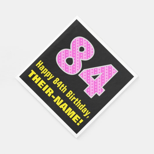84誕生日:ピンクストライプ色のハートと"84" +名前 スタンダードランチョンナプキン (角)