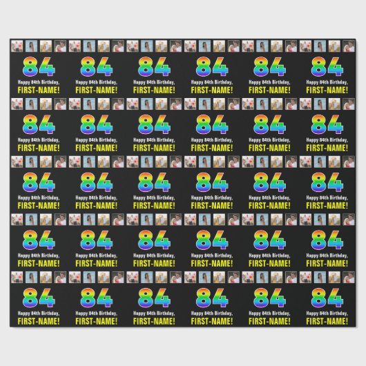 84誕生日:レインボー「84」、写真カスタムと名前 ラッピングペーパー (シーム)