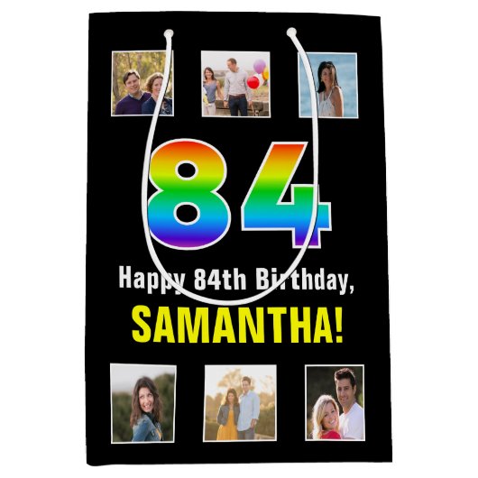 84誕生日: Rainbow "84",写真カスタムと名前 ミディアムペーパーバッグ (正面)