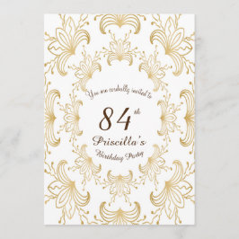 84th，誕生日パーティー，アールデコ，花，金ゴールド，白 招待状