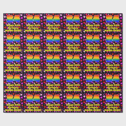 84th Birthday: Loving Hearts Pattern, Rainbow # 84 ラッピングペーパー (シーム)