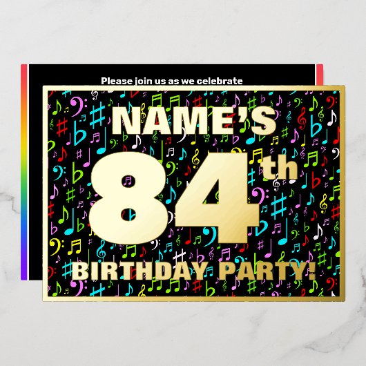 84th Birthday Party —おもしろい、音楽シカラフルンボル 箔招待状 (正面/裏面)