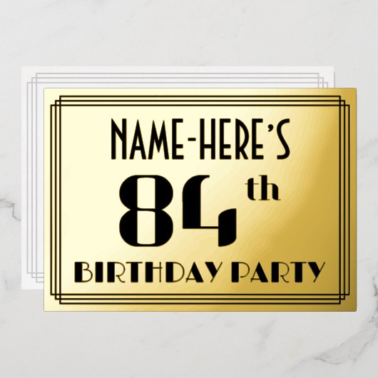 84th Birthday Party:アールデコ「84」と名前 箔招待状 (正面/裏面)