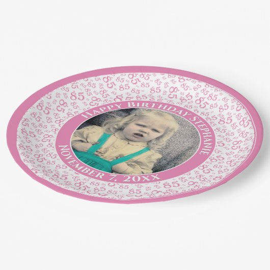 85あなたの写真の乱数パターンピンク/白 ペーパープレート (アングル)
