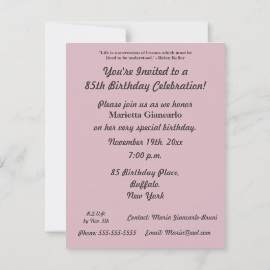 85の美しい年! -誕生会かピンクのバラ 招待状 (裏面)