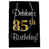 85エレガント誕生日、贅沢なフェイク金ゴールド ミディアムペーパーバッグ (正面)