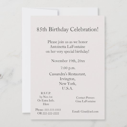 85ビューティフルイヤーズ誕生祝い/ホワイトローズ 招待状 (裏面)