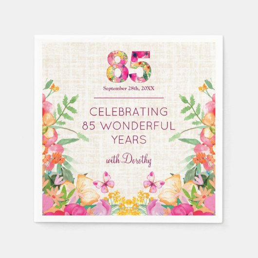 85年フラワーズフローラリネン85誕生日 スタンダードカクテルナプキン (正面)