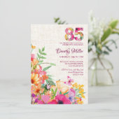 85歳の花のフラワー リネン 85歳の誕生日 招待状 (スタンド正面)